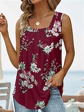 abordables Camisetas y camisolas de mujer-Mujer Camiseta Camiseta superior Frunce Retazos Estampado Floral Graphic Moda Clásico Casual Sin Mangas Escote Cuadrado Tops regulares Tops cortos Diario Noche Fin de semana Azul Piscina Negro Blanco