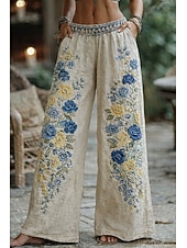 ieftine Pantaloni grafici-Pentru femei Grafică Picior Larg Pantaloni Pantaloni Palazzo Epocă Boho Lungime totală Talie Înaltă Floare Talie elastică Imprimare Respirabilitate Comfortabil Stradă Purtare Zilnică Ieșire Albastru