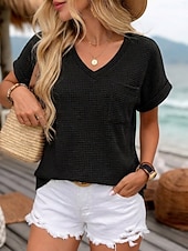 levne jednoduché tričko-Dámské Halenka Grafika Bez vzoru stylové Na běžné nošení Krátký rukáv Do V Běžné topy Denní Černá Bílá Světlá růžová Trávová zelená Léto Jaro