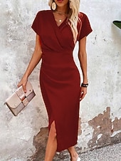 baratos Vestido Simples-Mulheres Vestido midi Vestido Bodycon Vestidos Semi-Formais Escritório Normal Tecido Manga Curta Decote V Azul Amarelo Rosa Vinho Verão Primavera