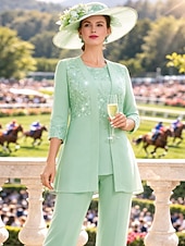 preiswerte Hosenanzüge für Mama-Overall Hosenanzug Dreiteilig Bodenlang Brautmutterkleid Dreiviertelarm Rundausschnitt Elegant Formell Hochzeitsgast Chiffon Spitze Paillettenbesetzt mit Spitze Paillette