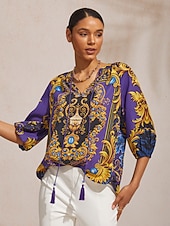 Недорогие Блузки и рубашки-Топ из барочного шифона темно-синего цвета с рукавами 3/4