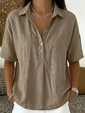 cheap Shirts-Women's Shirt Linen-feel Shirts Vintage Stylish Short Sleeve Turndown Regular Tops Daily Work Holiday Blue Black White Pink Light Brown Summer Spring