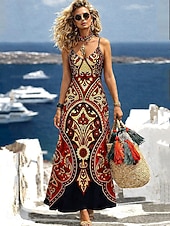 tanie Sztuka i projektowanie sukien-Damskie Sukienka maxi Sukienka letnia Sukienka A line Sukienka na ramiączkach Urlop Codzienny Plaża Wyjściowe Luźna Graficzny Zwierzę Panterka Bez rękawów W serek Czarny i biały Czarny Biały Czerwony