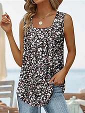 abordables Camisetas y camisolas de mujer-Mujer Camiseta Camiseta superior Frunce Retazos Estampado Floral Graphic Moda Clásico Casual Sin Mangas Escote Cuadrado Tops regulares Tops cortos Diario Noche Fin de semana Azul Piscina Negro Blanco