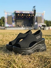 levne Sportovní sandály-Dámské moderní černé sportovní sandály na platformě - prodyšné boty na klínku s flyknit podrážkou na hudební festivaly a venkovní koncerty &amp;Drsné letní streetwear
