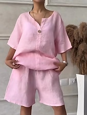 baratos Conjuntos Co-ord Falsos Essenciais-Conjunto feminino de shorts em linho sintético com estampa de algodão, manga 3/4, decote em V, cor sólida, estilo streetwear, casual, para uso diário, em tons de azul, branco e rosa, ideal para o