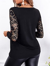 billiga Spets toppar-Dam Spets Splicing Top Blus Lappverk Ensfärgat Elegant Mode Stylish Långärmad V-hals Vanliga toppar Dagligen Utekväll Helgen Svart Sommar Vår
