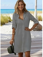 levne Šaty-Dámské Mini šaty Mieszanka bawełny Košilové šaty Bílé bavlněné šaty Bodycon šaty prázdniny Základní Moderní Denní Víkend Volný Bez vzoru 3/4 délka rukávu Košilový límec Vodní modrá Černá Bílá Šedá
