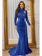 billiga Ballgowns för kvällsbruk-Sjöjungfru trumpet Svepsläp Telång Kvälls klänningar Balklänning med överkjol Formell klädsel Elegant Sidoslits Silkig Långärmad Hög hals Formell Satäng Paljetter med Pärldetaljer Paljett