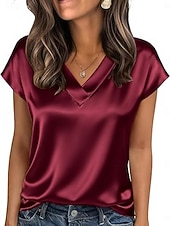 voordelige Effen t-shirt-Dames satijnen top T-shirt Effen Elegant Modieus Stijlvol Korte mouw V-hals Normale tops Dagelijks Uitgaan Weekend Champagne Goud Wijn Rood Koffie Zomer Lente