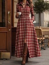 preiswerte Streifen- und geometrisches Kleid-Damen Maxikleid Shiftkleid Urlaub Lässig Boho Täglich Normale Passform Karomuster Langarm Hemdkragen Blau Gelb Rosa Rote Frühling Herbst Winter