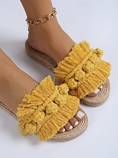 preiswerte Rutschsandalen-Damen Strand Urlaub Quaste Flacher Absatz Runde Zehe Bohemien Urlaub Stoff Loafer Schwarz Gelb Grün