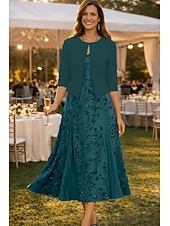 economico Set di abiti per la mamma-Due Pezzi Linea ad A Lunghezza Tè Abito da invitata a nozze Abito da cerimonia per signora Manica Corta Scollo a V Elegante Semplice Lussuoso Formale Ospite di nozze Chiffon Crêpe con Pizzo Perline