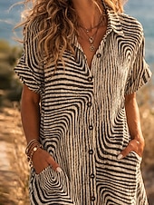economico Vestiti-Per donna Mini Abito Finto cotone e lino Abito Camicia Vestito a caftano Vestito Casual Moda Moderno Quotidiano Spiaggia Weekend Vestibilità regolare Geometrico Manica Corta Colletto a Camicia Cachi