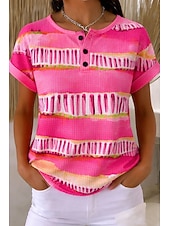 economico T-shirt a righe e geometrico-T-shirt waffle per donna a blocchi di colore con stampa a bottoni frontali grafica geometrica vintage elegante classica maniche corte a girocollo top regolari quotidiani rosa arancione beige estivo