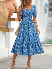 cheap Casual Floral Dresses-Women's Midi Dress Casual Dress Floral Dress Elegant Fashion Modern Outdoor Vacation Going out Regular Fit Floral Short Sleeve Square Neck Blue Black White Pink Summer Spring