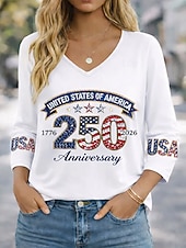  American Independence Day Women's T Shirt Print Graphic Flag Stylish Classic Long Sleeve 3/4 Length Sleeve V Neck Regular Tops Daily Weekend Blue White Red Red / Blue Spring Fall