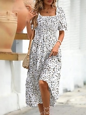 cheap Casual Floral Dresses-Women's Midi Dress Casual Dress Floral Dress Elegant Fashion Modern Outdoor Vacation Going out Regular Fit Floral Short Sleeve Square Neck Blue Black White Pink Summer Spring
