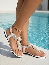 economico Donne-Eleganti sandali da donna bianchi a farfalla - sandali estivi piatti con strass scintillanti e comodo cinturino elastico sul retro, perfetti per vacanze in hotel di lusso, feste a bordo piscina e resort tropicali.