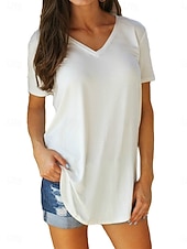 abordables Camiseta lisa-Mujer Camiseta Camiseta superior Color sólido Moda Básico Clásico Manga Corta Escote en Pico Tops cortos Diario Noche Fin de semana Negro Blanco Amarillo Gris Verano Primavera