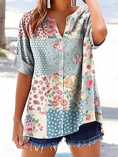 abordables Art &amp; Design Blouses-Femmes Chemise Boutons Imprimé Fleuri Graphique Vacances Quotidien Occasionnel Manche Courte Col en V Hauts Réguliers Quotidien Fête Sortir Bleu Été Printemps