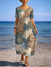 economico Abito Boho-Per donna Abito maxi Abito a trapezio Abito Estivo Vacanza Casual Quotidiano Ferie Vestibilità comoda Grafico Paisley Tribale Mezza Manica Girocollo Cammello Viola Verde Estate