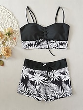 baratos Tankinis-Mulheres Roupa de Banho Tankini Cavado roupa de banho Patchwork Férias Roupa de Praia Gráfico Decote Redondo Sem Manga Fatos de banho
