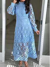 preiswerte Weiße Spitzenkleider-Damen Midikleid Maxikleid Spitzenkleid Weißes Kleid Freizeitkleid Elegant Mode Modern Outdoor Urlaub Ausgehen Normale Passform Schlank Geometrisch Langarm Hoher Ausschnitt Stehkragen Schwarz Wei