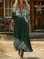  Damen Maxikleid Boho-Kleid Vintage-Kleid Freizeitkleid Vintage Täglich Outdoor Urlaub Lässiger Schnitt Blumen Langarm V Ausschnitt Blau Hellgrün Marineblau Dunkelgrün Frühling Herbst