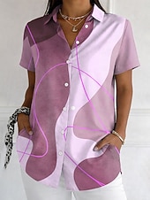 preiswerte Kunst &amp; Design Blusen-Damen Hemd Knöpfe Druck Grafik Geometrisch Vintage Stilvoll Modern Kurzarm Hemdkragen Lange Oberteile Täglich Blau Rosa Purpur Grün Sommer Frühling