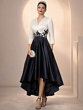 preiswerte Knöchellänge-A-Linie Asymmetrisch Tee-Länge Partykleid Cocktailkleid Kleid für Hochzeitsgäste Brautmutterkleid Dreiviertelarm Hemdkragen Elegant High-Low Formell Hochzeitsgast Satin Spitze mit Applikationen