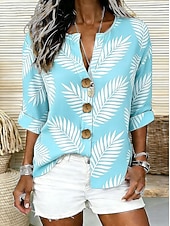 economico Bluse Floreali-Per donna Camicia Stampato Grafico Foglia Elegante Vintage Tropicale Mezza Manica Scollo a V Top Regolari Quotidiano Ferie Abbigliamento mare Blu Rosa Viola Verde Estate Primavera
