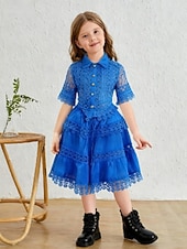 cheap Casual Dresses-2 Pieces Kids Girls' Solid Color Lace Dress Suits Set Short Sleeve Fashion Outdoor 4 years+ Summer Blue White Pink