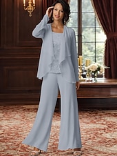 abordables Trajes de pantalón de mamá-Traje de pantalón Traje de 3 piezas Hasta el Suelo Vestido de Madrina Sin Mangas Barco de cuello Elegante Talla Grande Bolero incluido Formal Invitado a la boda Gasa con Encaje