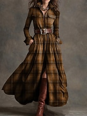 cheap Stripe&amp;Geometric Dress-Women's Maxi Dress Shift Dress Vacation Casual Boho Daily Regular Fit Plaid Long Sleeve Lapel Blue Dark Yellow Deep Green Black Spring Fall Winter(No belt)