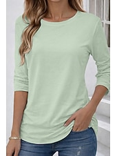 baratos Camiseta lisa-Camiseta 100% Algodão Feminina Cor Sólida Básica Clássica Casual de Manga Longa com Decote Redondo Tops Regulares para o Dia a Dia Saídas Preta Branca Vermelha Azul Marinho Verde Menta Primavera