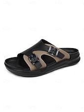 abordables Men-Men's Black and White Double Strap Slide Sandals Open-Toe Comfort Casual Slippers for Resort &amp; Poolside, Beach Vacation, Poolside Relaxing, Travel, Outdoor Leisure and Summer Everyday Wear