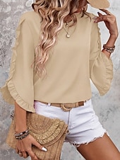 abordables Blusas Elegantes-Mujer Camisa Blusa Blusa con volantes Volante Plano Elegante Clásico Moderno Manga 3/4 Cuello Barco Tops regulares Diario Festivos Noche Negro Rojo Naranja Verde Trébol Albaricoque Verano Primavera