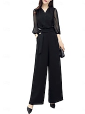 cheap Jumpsuits-Women's Normal Jumpsuit Active Solid Color Long Sleeve Wide Leg V Neck Patchwork Daily Vacation Regular Fit Black Summer