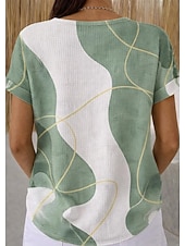 abordables T-shirt rayé et géométrique-Tops en tricot texturé en gaufre pour femmes T-shirt dégradé graphique géométrique élégant classique à manches courtes col rond Henley hauts réguliers sports quotidiens noir et blanc vert clair kaki