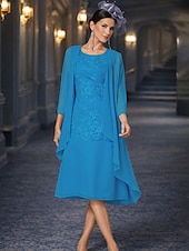 זול ערכות שמלות של אמא-שני חלקים מעטפת עמוד באורך הקרסול שמלת אורח לחתונה שמלה לאם הכלה  ללא שרוולים עם תכשיטים אלגנטית אורחת חתונה מסיבת החתונה שיפון תחרה שמלות ז'קט עם אפליקציות