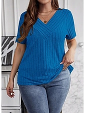 preiswerte Einfarbiges T-Shirt-Damen Übergröße Übergroße Rippstricktops T Shirt Stilvoll Lässig Kurzarm V Ausschnitt Lange Oberteile Täglich Ausgehen Wochenende Schwarz Wein Armeegrün Königsblau Purpur Sommer Frühling