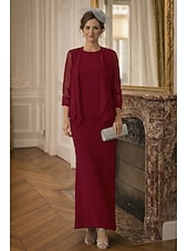 baratos Conjuntos de vestidos para mamãe-Duas Peças Tubinho Longo Vestido de convidada de casamento Vestido Para Mãe dos Noivos Manga Longa Scoop pescoço Elegante Formal Convidado do casamento Chiffon Embrulho incluido com Cor Única