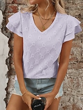 baratos Blusas Elegantes-Mulheres Camisa Social Topo de ilhó Blusa Patchwork Tecido à moda Clássico Moderno Manga Curta Decote V Tops regulares Diário Feriado Para Noite Preto Azul Céu Roxo Claro Laranja Verde Verão Primavera