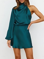 abordables Vestido Sencillo-Mujer Mini vestido Vestido de raso Vestido de Fiesta Vestido Cóctel Vestido tubo Elegante Moda Fiesta Fiesta de Cóctel Cita Ajuste regular Plano Manga Larga Escote Chino turquesa Negro Verde Claro