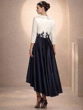 preiswerte Knöchellänge-A-Linie Asymmetrisch Tee-Länge Partykleid Cocktailkleid Kleid für Hochzeitsgäste Brautmutterkleid Dreiviertelarm Hemdkragen Elegant High-Low Formell Hochzeitsgast Satin Spitze mit Applikationen