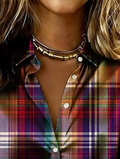 cheap Art&amp;Design Blouses-Women's Shirt Satin Shirt Print Graphic Plaid Vacation Casual Long Sleeve Shirt Collar Regular Tops Daily Holiday Going out Rainbow Summer Spring Fall