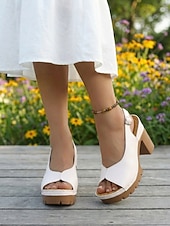 baratos Sandálias de salto-Sandálias femininas brancas peep toe com salto bloco – sandálias confortáveis de verão com tira no calcanhar, ideais para festas, jardim e uso diário.