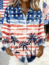  Jour de l'Indépendance Américaine Femmes Chemise Chemise en satin Imprimé Fleuri Graphique Drapeau Bohème ancien Élégant manche longue Col de chemise Hauts Longs Quotidien Fête Sortir Bleu Blanche
